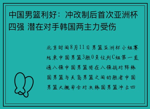 中国男篮利好：冲改制后首次亚洲杯四强 潜在对手韩国两主力受伤
